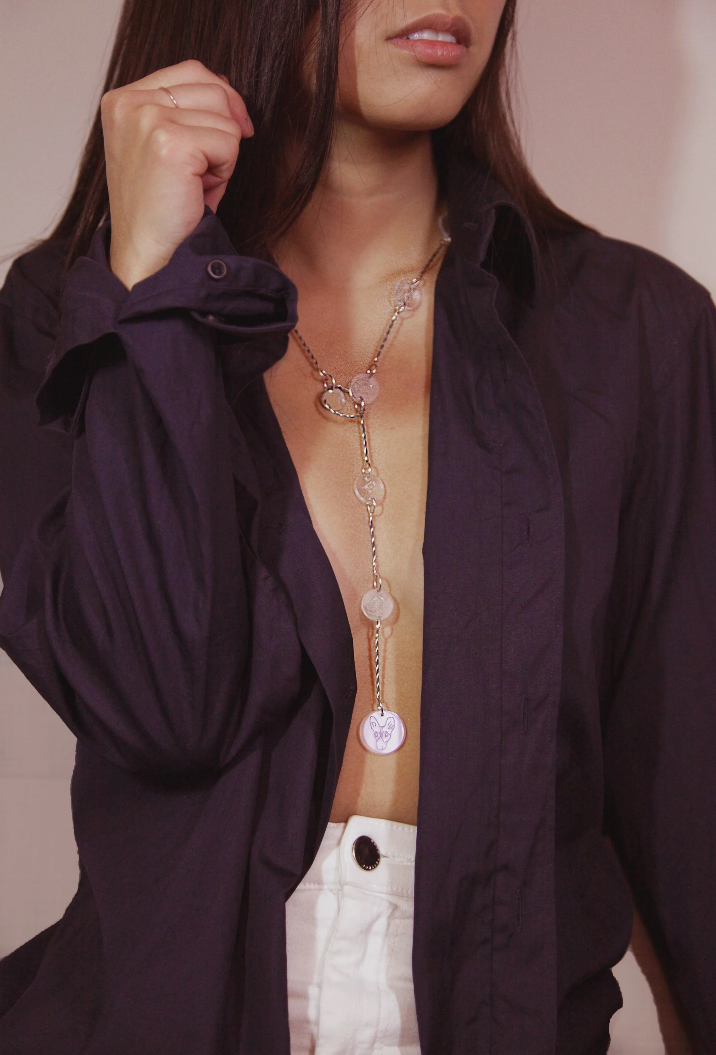 T necklace worn long